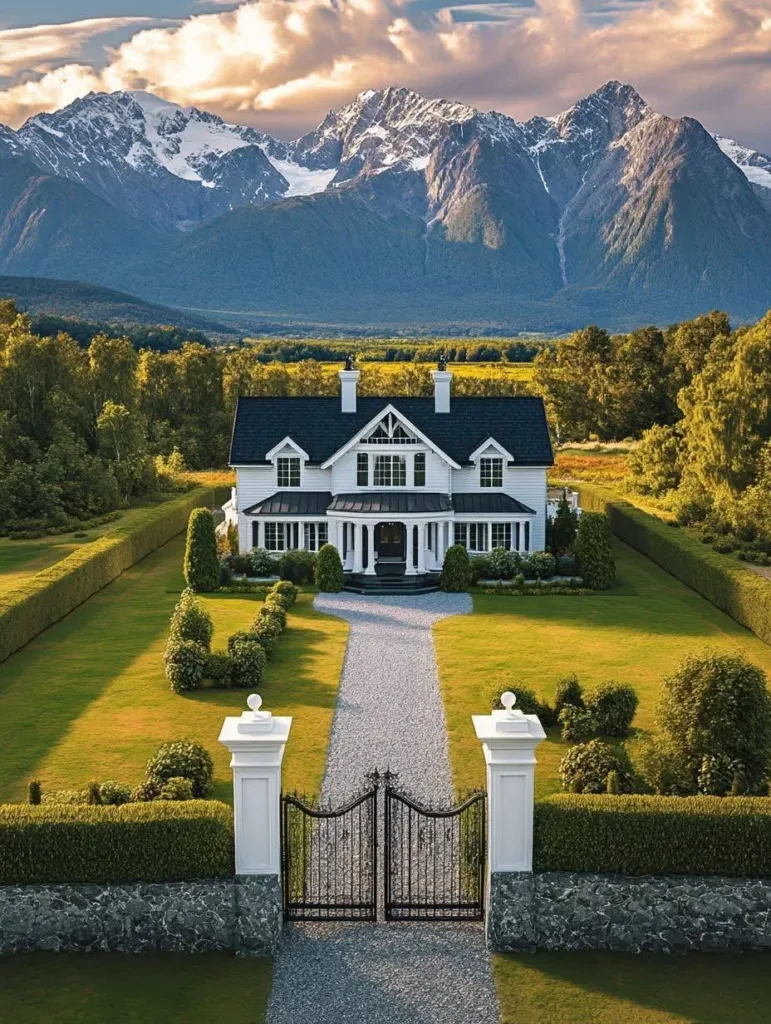 Colonial-style farmhouse with white siding, black roof, symmetrical windows, a formal entrance, and a mountainous backdrop.