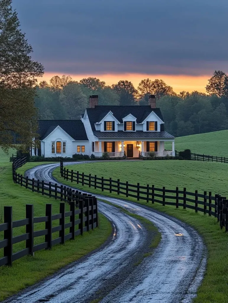 White farmhouse with dormers, a wrap-around porch, and a long, winding driveway lined with a wooden fence.