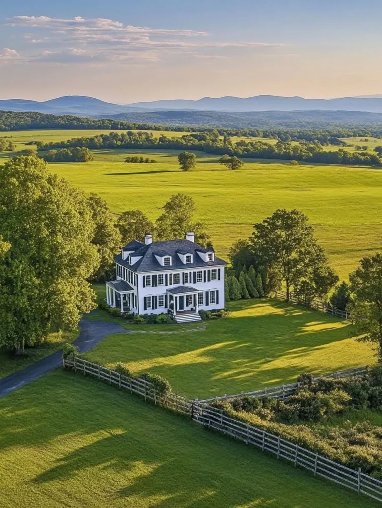 Colonial-style farmhouse with white siding, a dark roof, and a large expanse of green lawn, surrounded by a wooden fence and rolling hills.