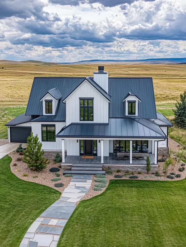 Modern farmhouse with white siding, dark trim, a standing seam metal roof, a wrap-around porch, and a stone walkway.