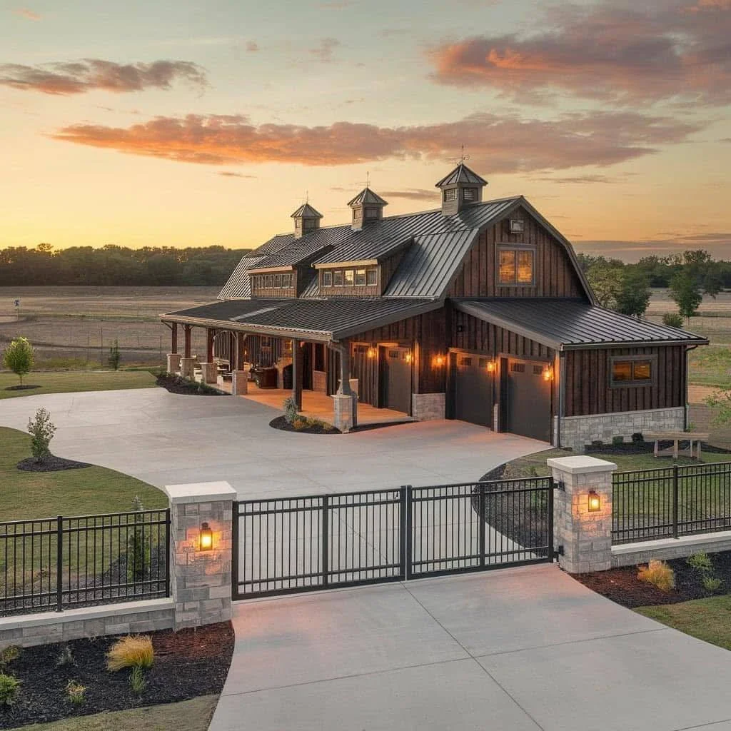 Modern barndominium with a metal roof, wood and stone accents, a large concrete driveway, and a gated entrance.