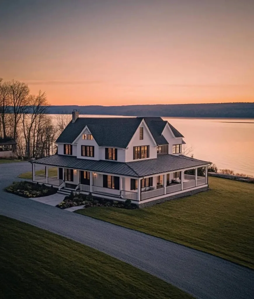 Modern farmhouse with white siding, a black roof, and a wrap-around porch, overlooking a lake at sunset.