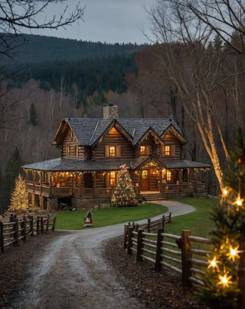 Log cabin style Christmas chalet with a wrap-around porch, decorated with Christmas trees and lights, nestled in a snowy, wooded landscape.