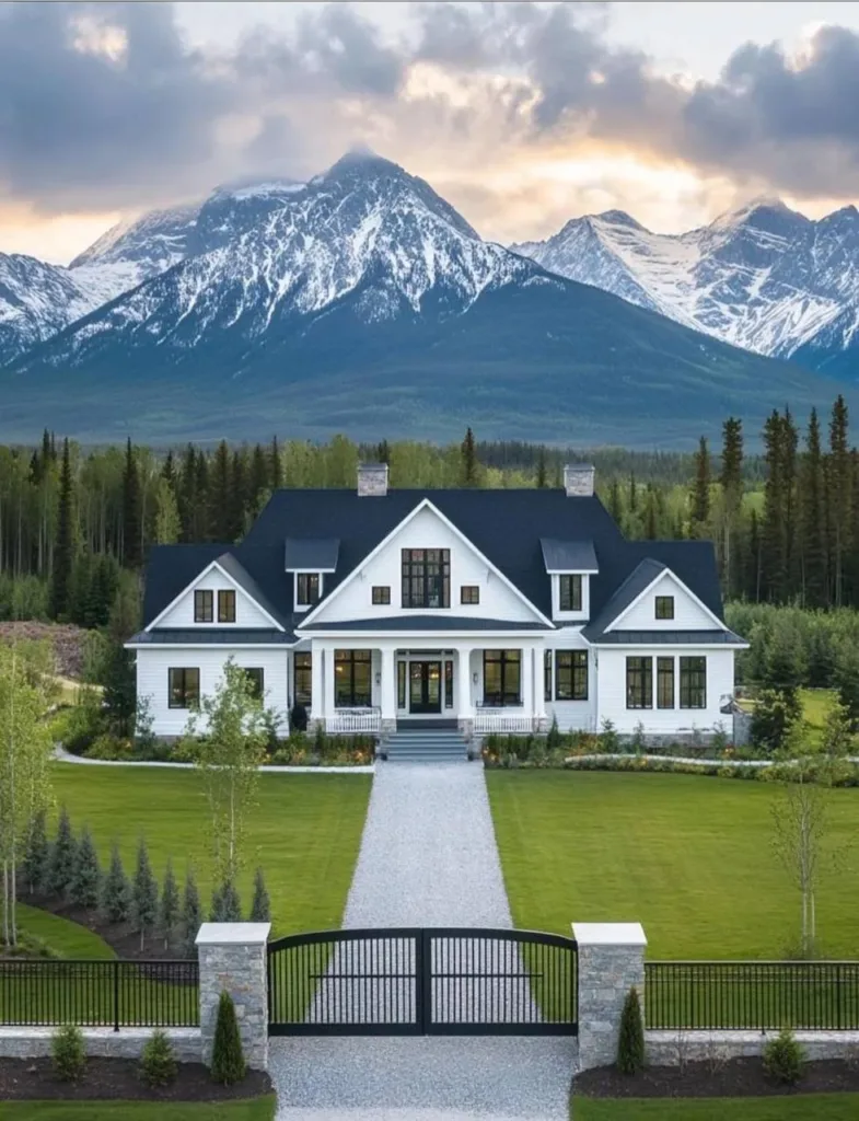 White farmhouse with a black roof, symmetrical design, and a gated entrance, with a majestic mountain range in the background.