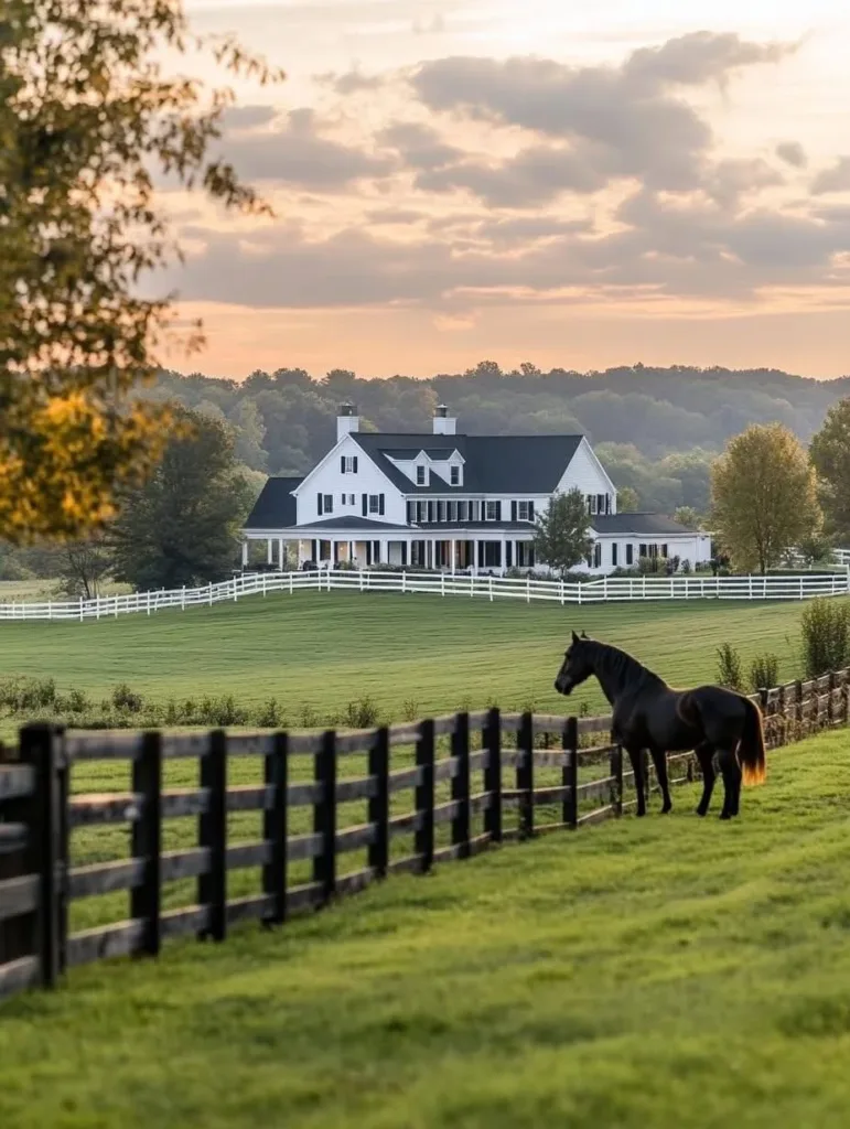 White farmhouse with a black roof, surrounded by green pastures, a white picket fence, and a dark wooden fence, with horses grazing nearby.