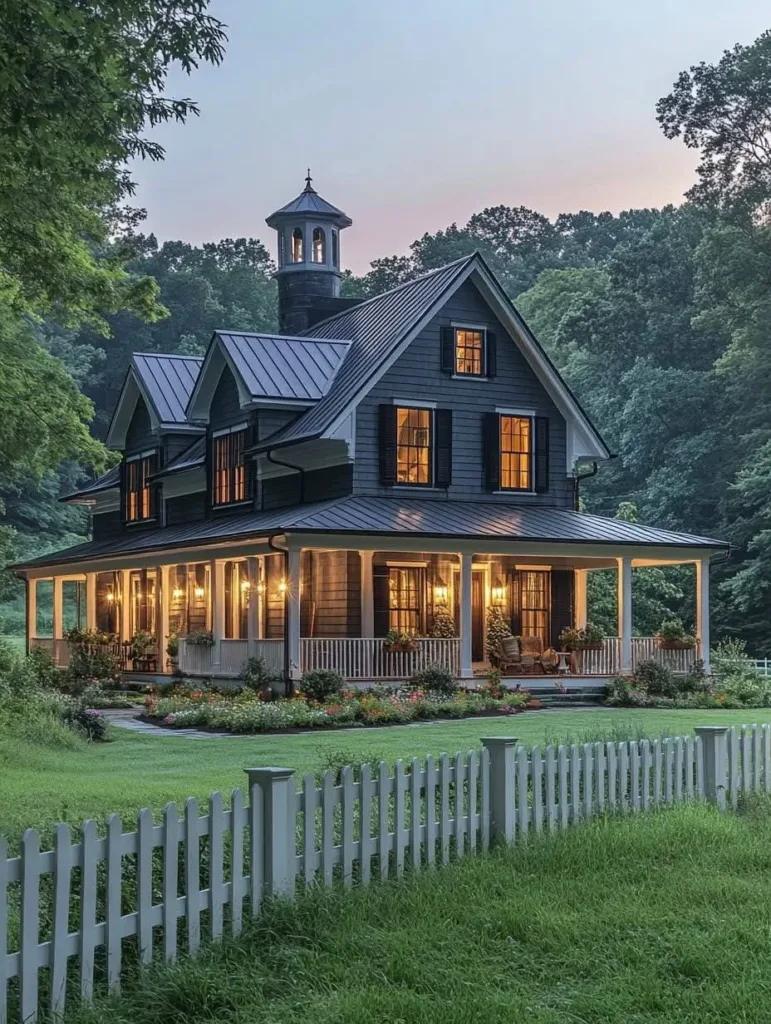 Dark-sided farmhouse with a metal roof, a cupola, a wrap-around porch, and a white picket fence in the foreground.