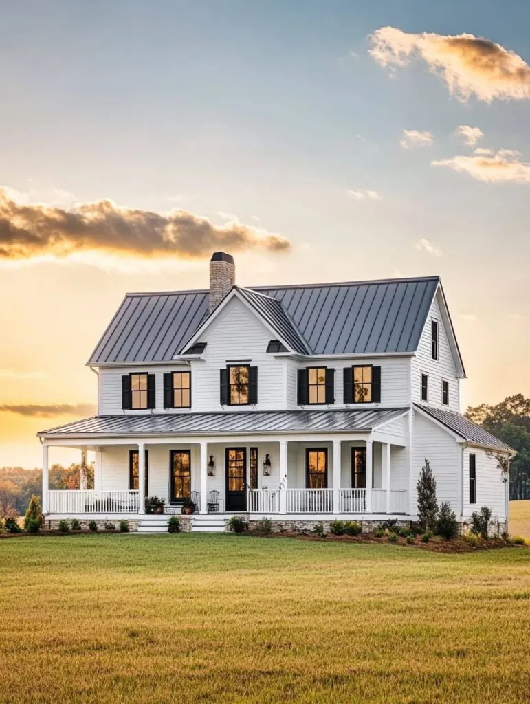 Modern farmhouse with white siding, a gray metal roof, black trim, and a large wrap-around porch, surrounded by an expansive front yard.