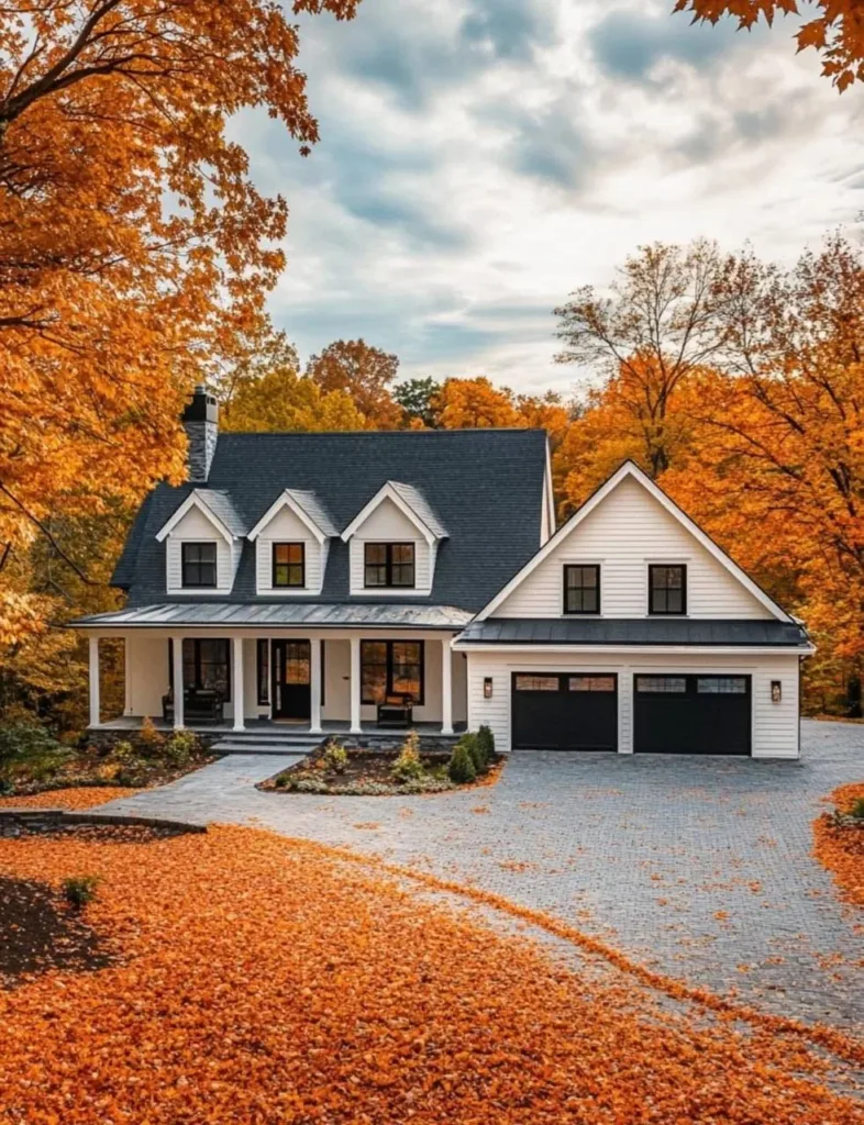 Modern farmhouse with white siding, a black roof, a wrap-around porch, and a straight pathway leading to the front door.