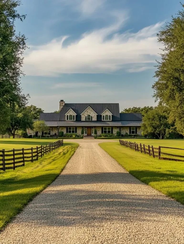 Modern farmhouse with white siding, a black roof, a wrap-around porch, and a circular driveway.