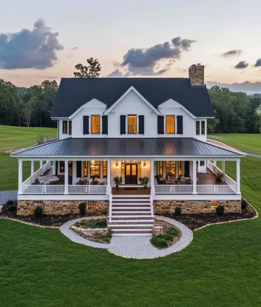 Modern farmhouse with a dark exterior, a metal roof, and a large, multi-level patio with outdoor furniture.