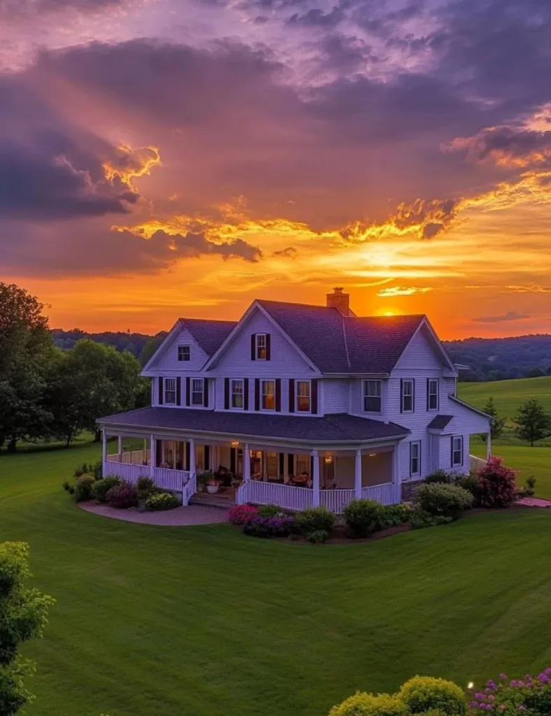 White farmhouse with a wrap-around porch and vibrant sunset in the background