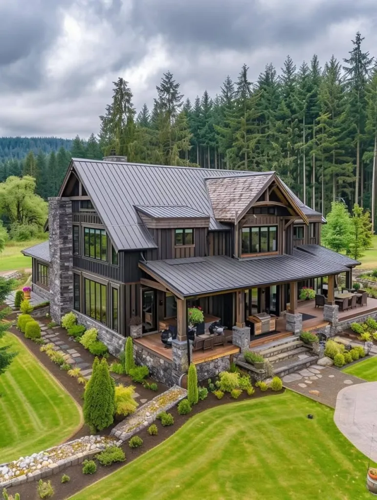 Farmhouse with a metal roof, dark siding, and a large porch