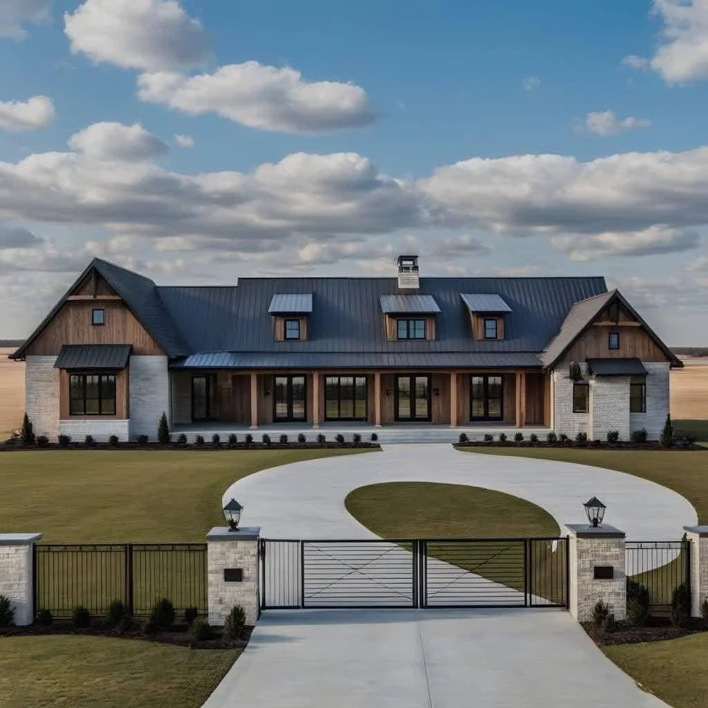 Farmhouse with a circular driveway, a metal gate, and stone pillars