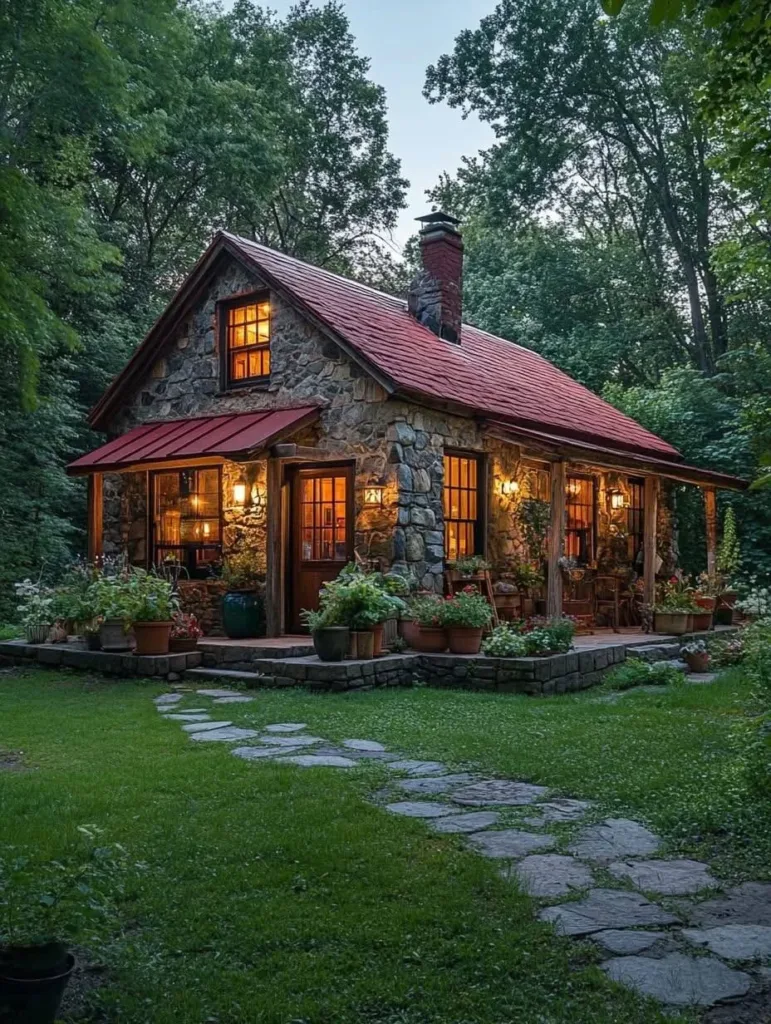 Stone cottage nestled in woods with plants.