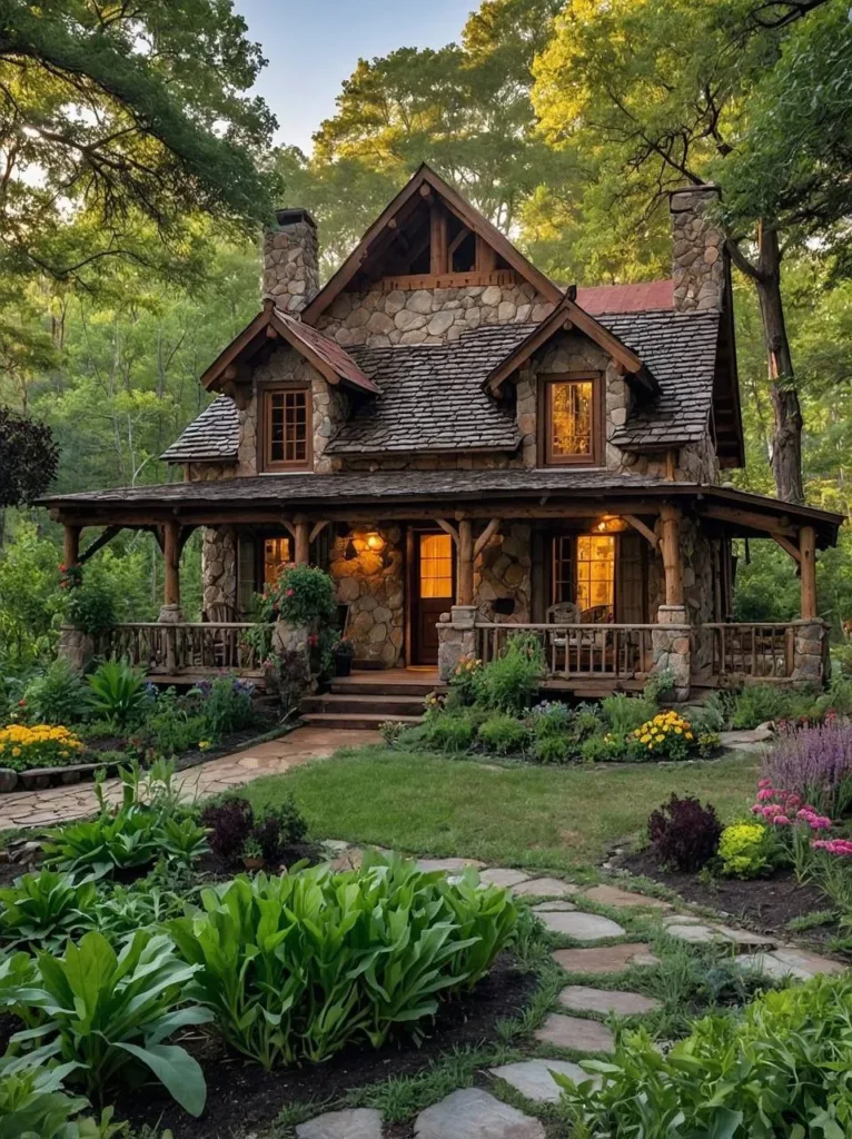 Stone cottage with wrap-around porch and flowers.