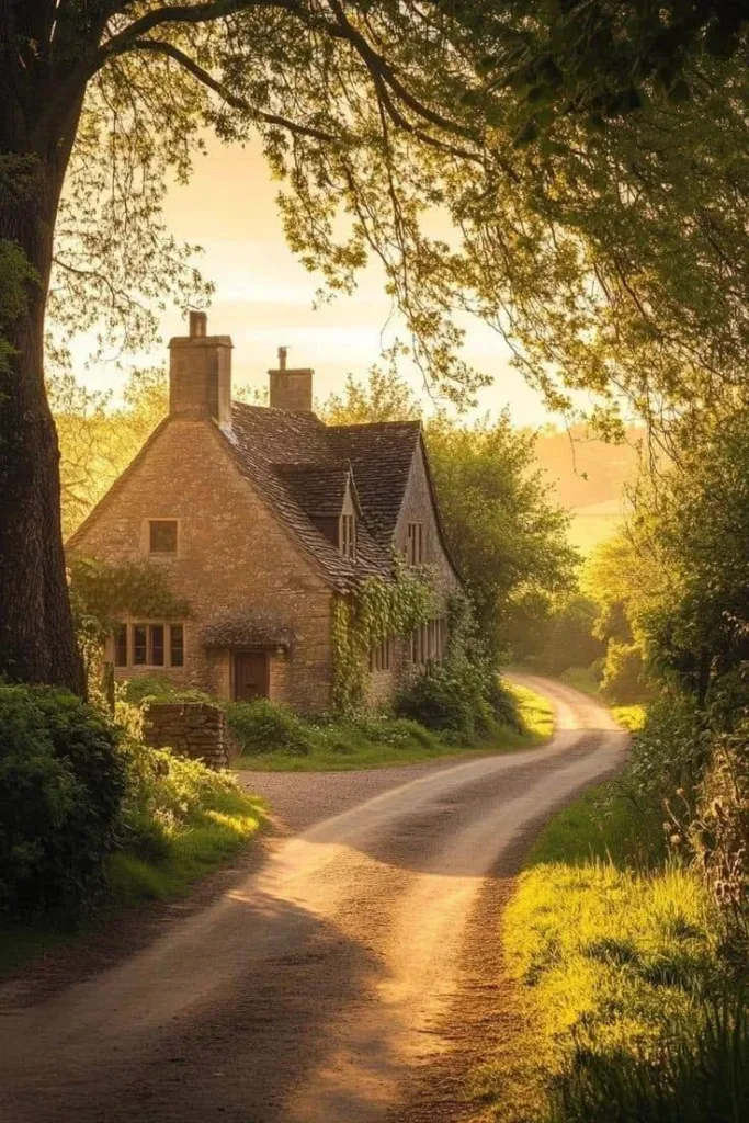 Stone cottage along a sun-drenched country road.