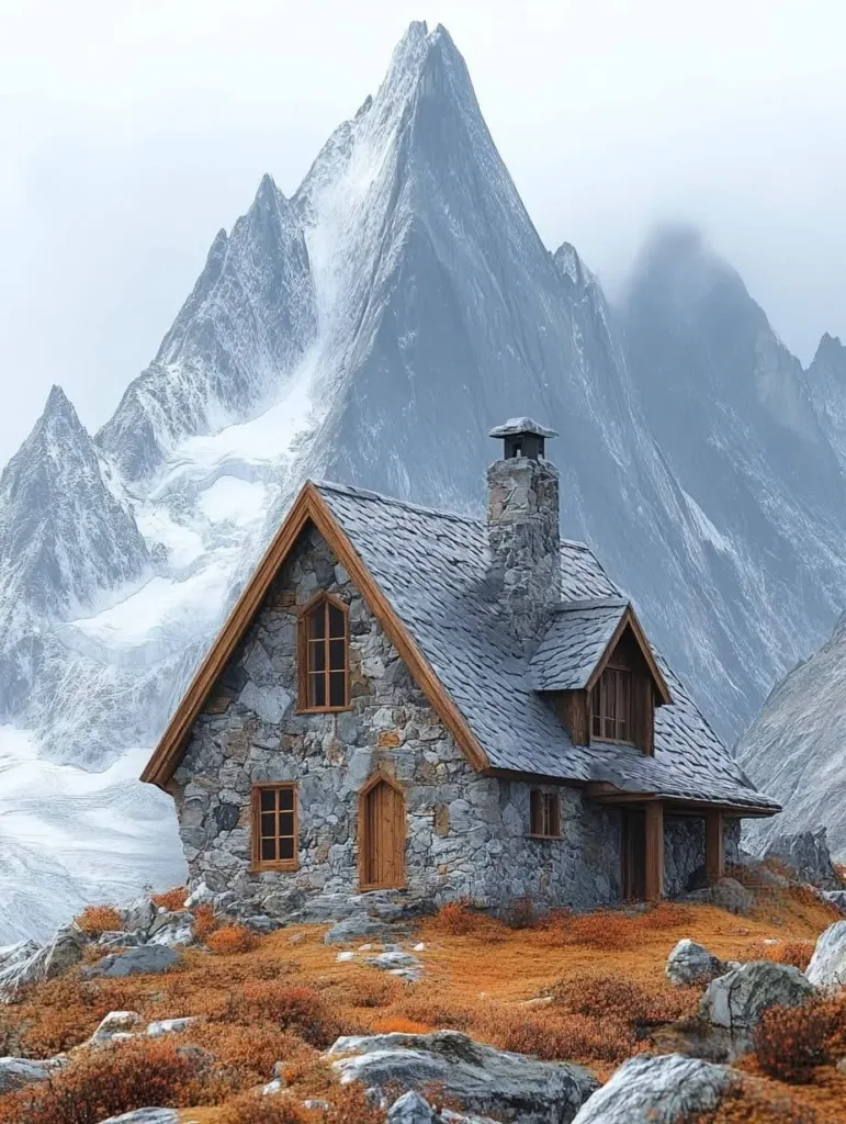 Stone cottage in snowy mountains with slate roof.