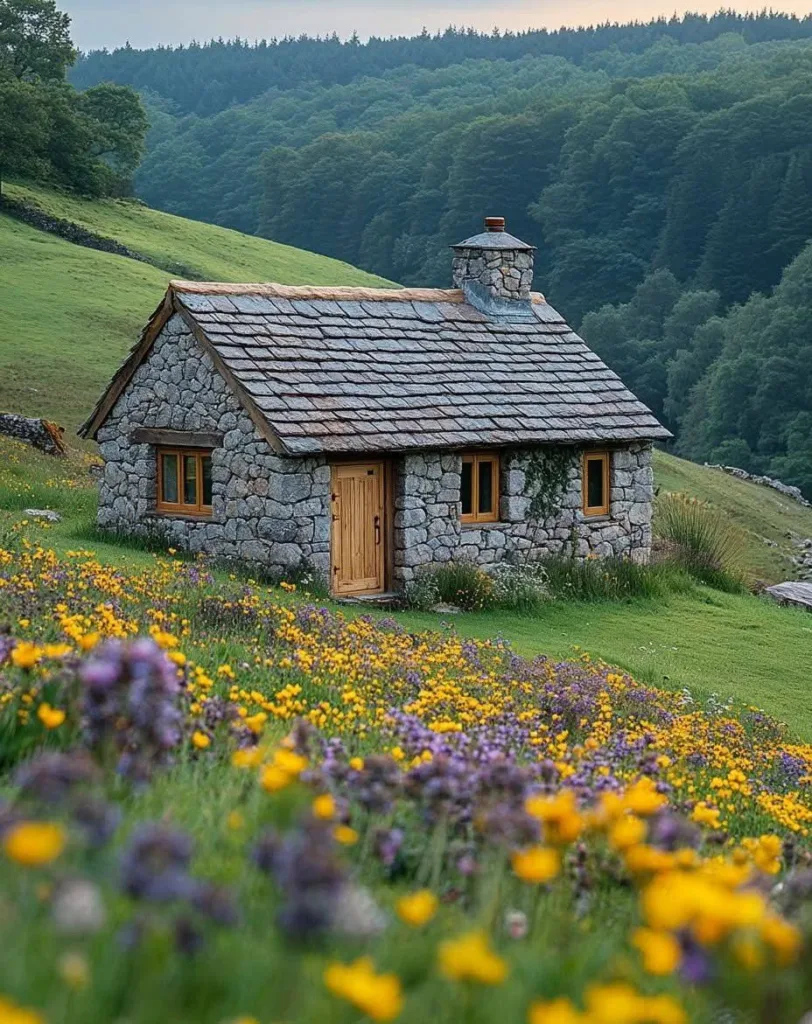 Stone cottage in a meadow of wildflowers.