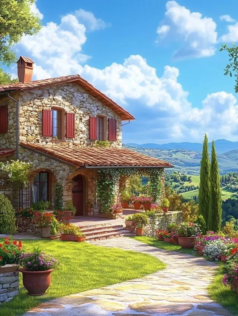 Stone cottage with red shutters and Mediterranean style.