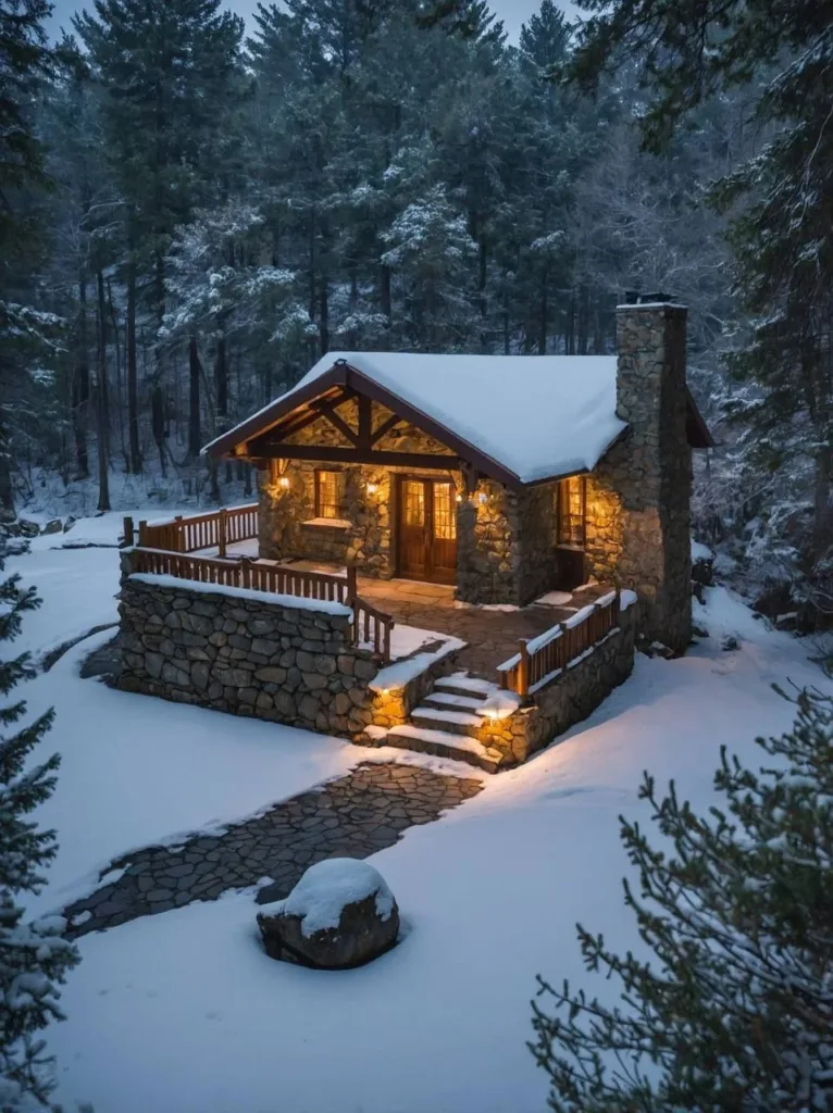 Stone cottage in snowy landscape with warm lighting.