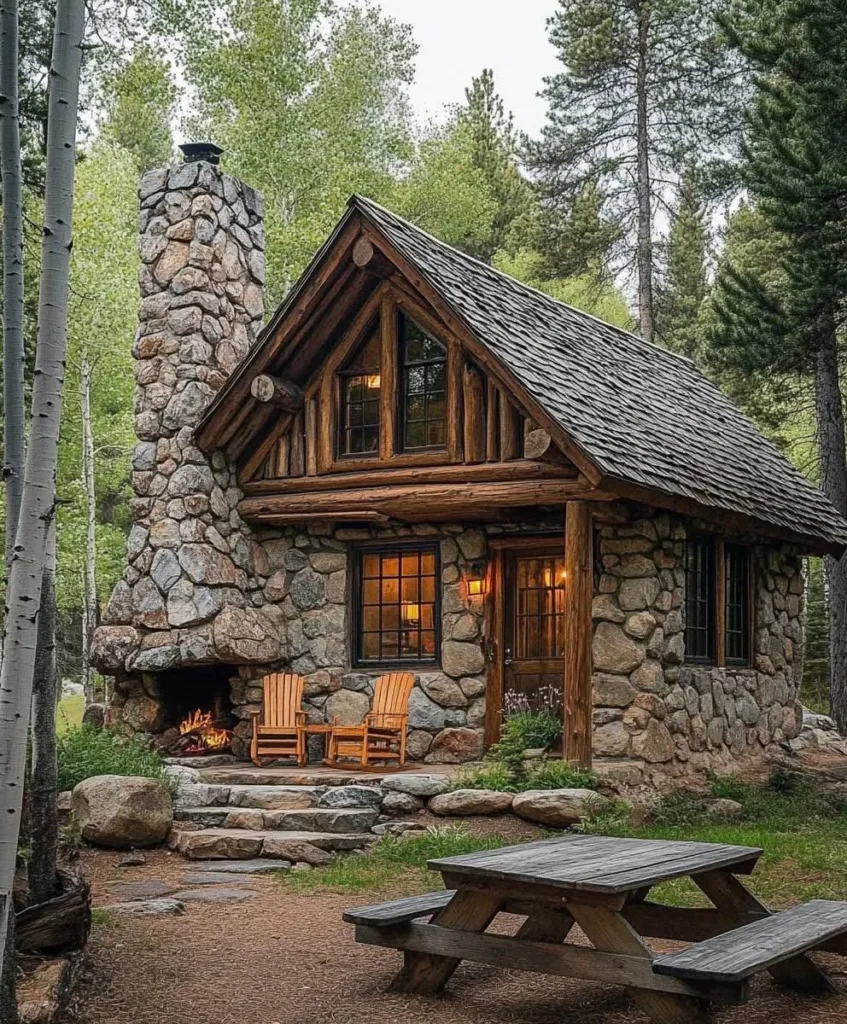 Rustic stone and log cabin with large chimney.