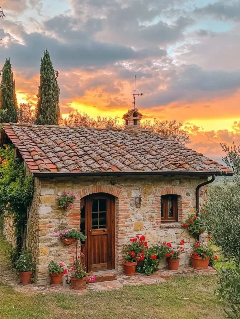 Small stone cottage with terracotta roof at sunset.