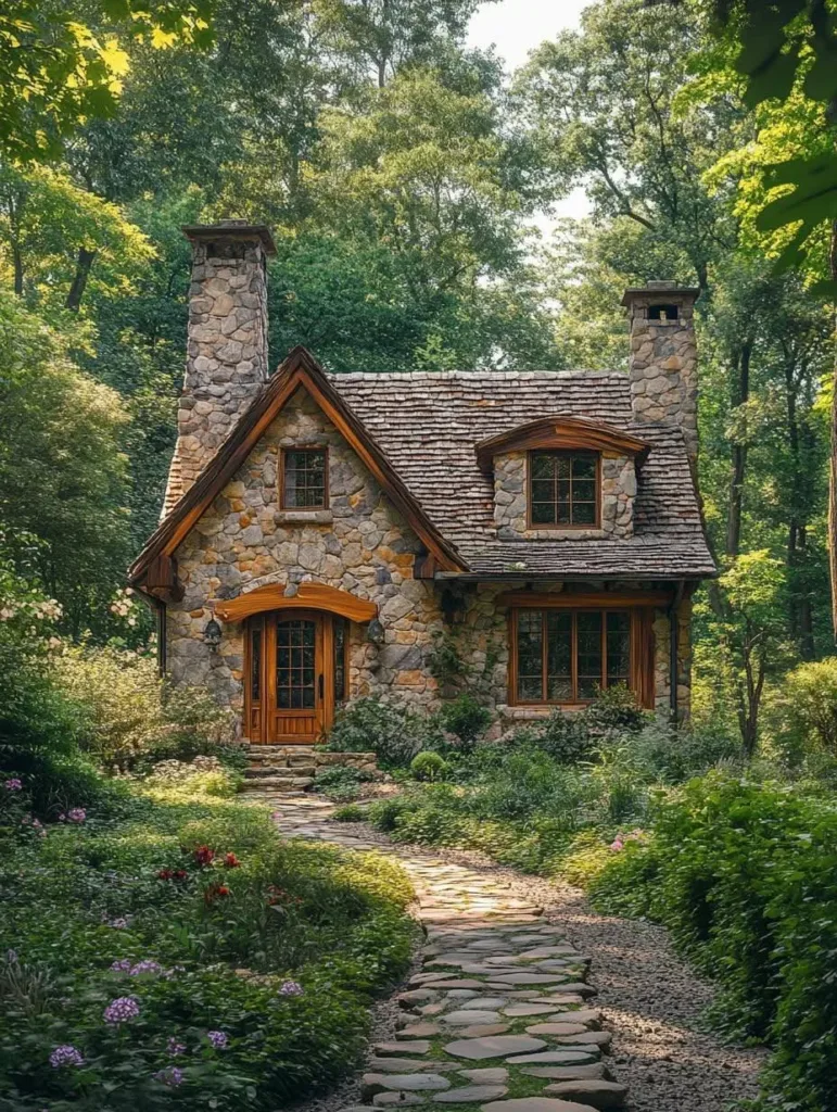 Stone cottage in forest with stone pathway.