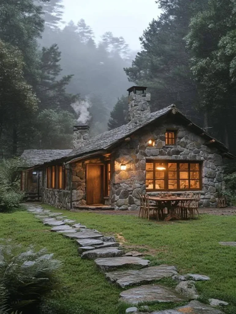 Stone cottage in misty forest with stone path.