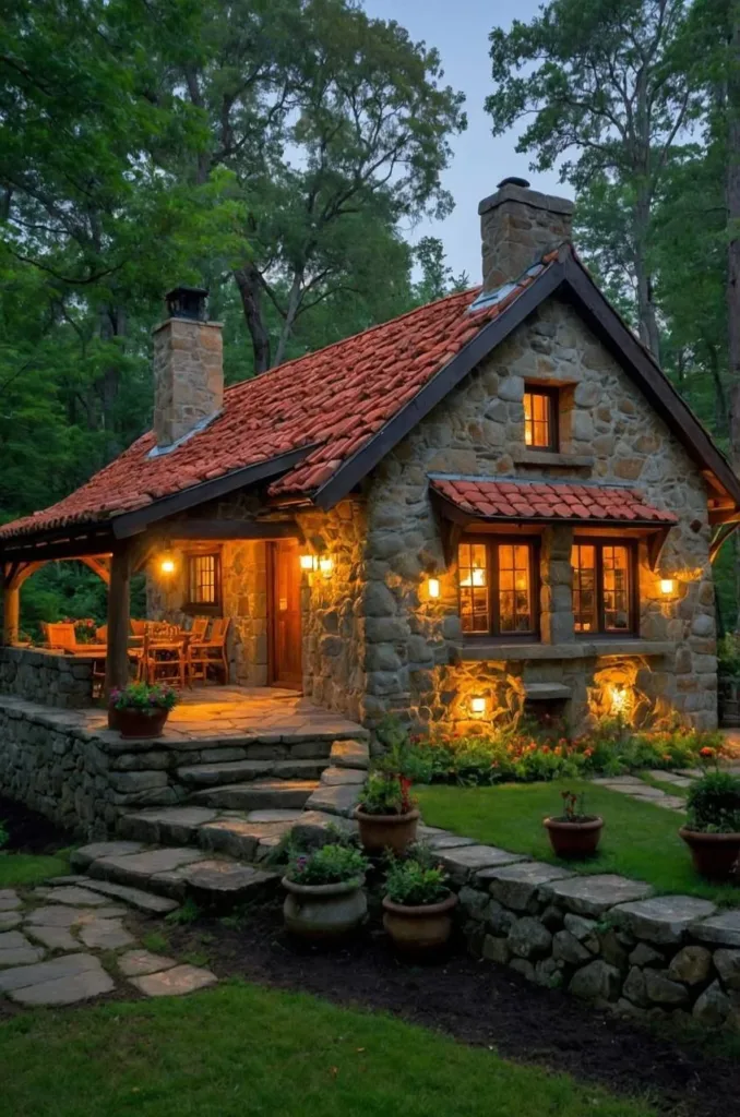 Stone cottage with illuminated walls and red roof.