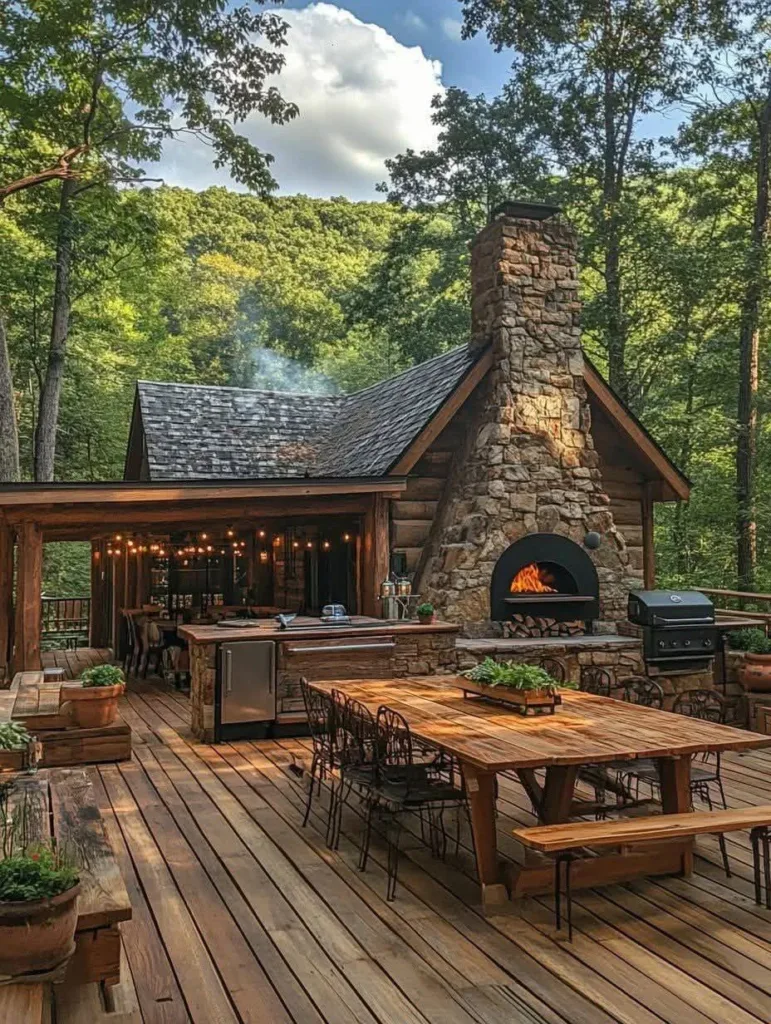 Stone cottage with outdoor kitchen and fireplace on deck.