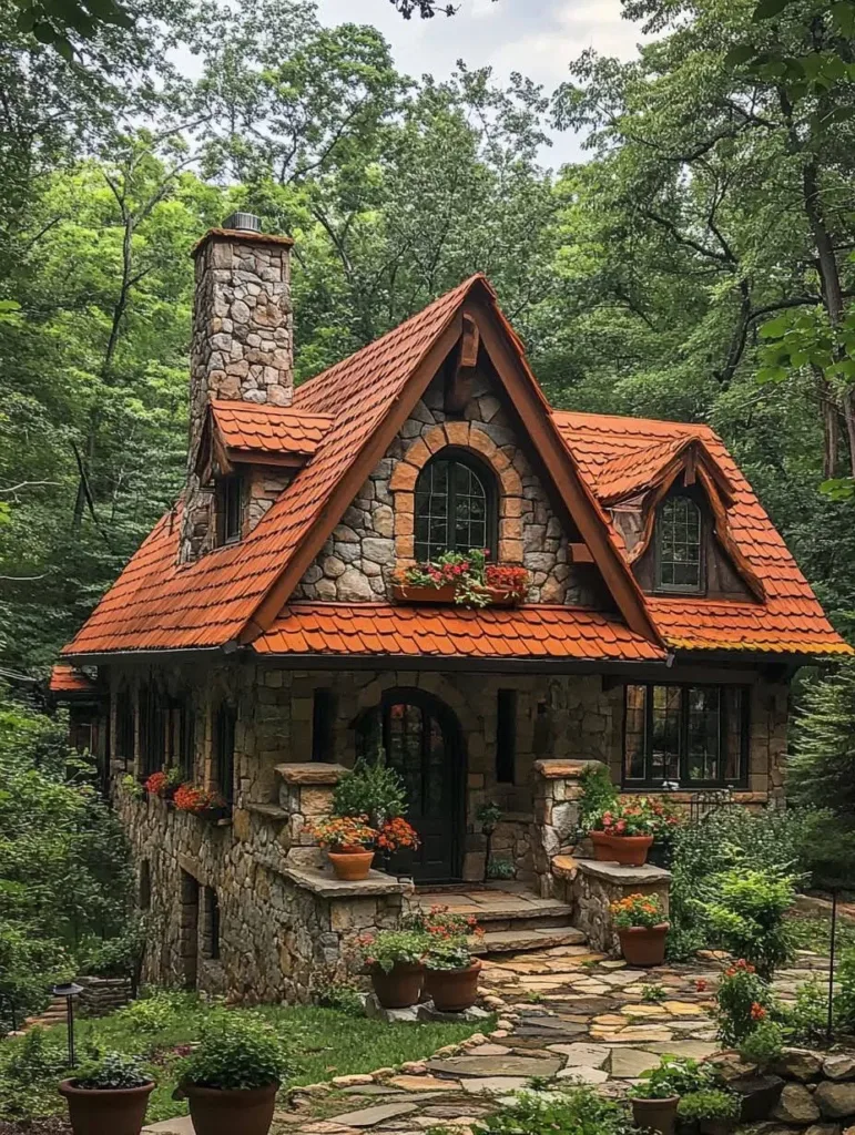 Stone cottage with arched windows and terracotta roof.