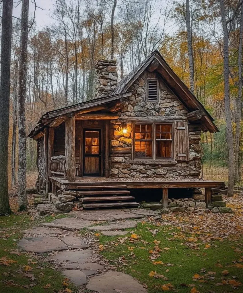 Rustic stone and log cabin in autumn forest.