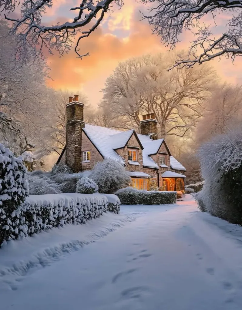 Snow-covered stone cottage at twilight.