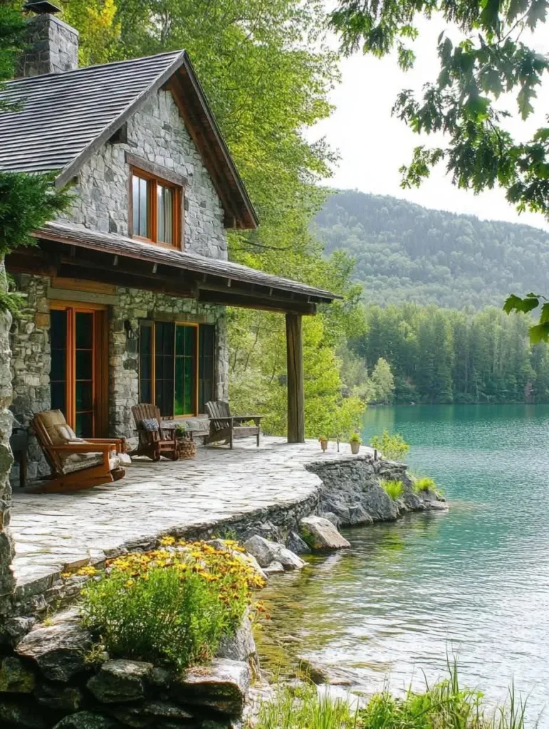 Stone cottage with patio on lakefront.