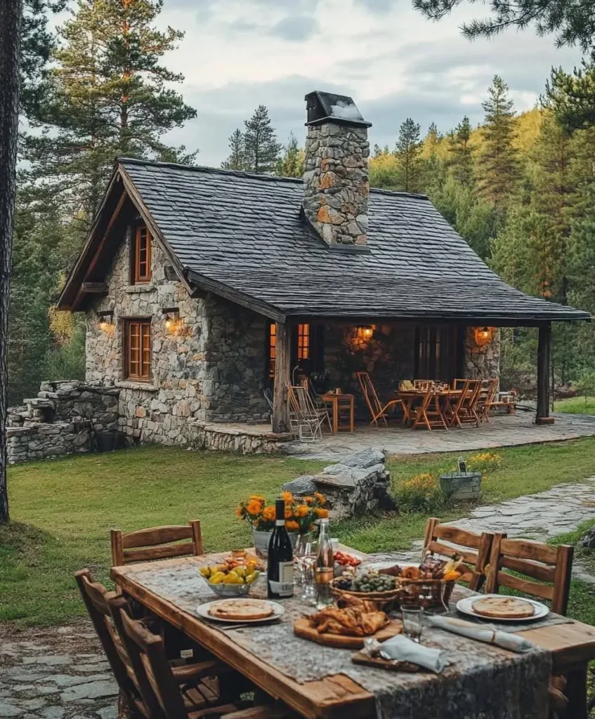 Stone cottage with outdoor dining area on lawn.