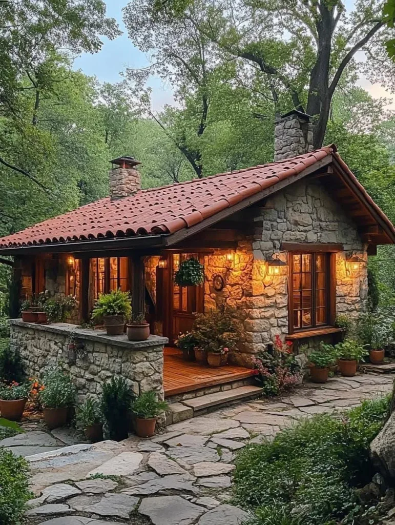 Stone cottage with stone patio and terracotta roof.