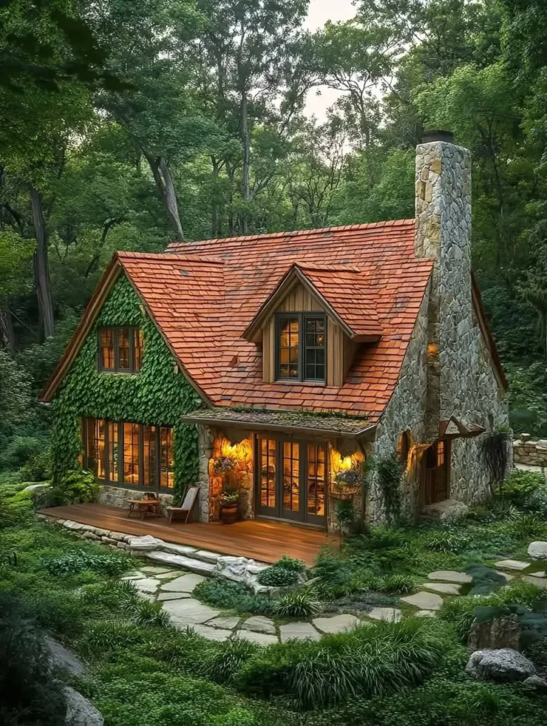 Stone cottage with ivy-covered walls, red roof.