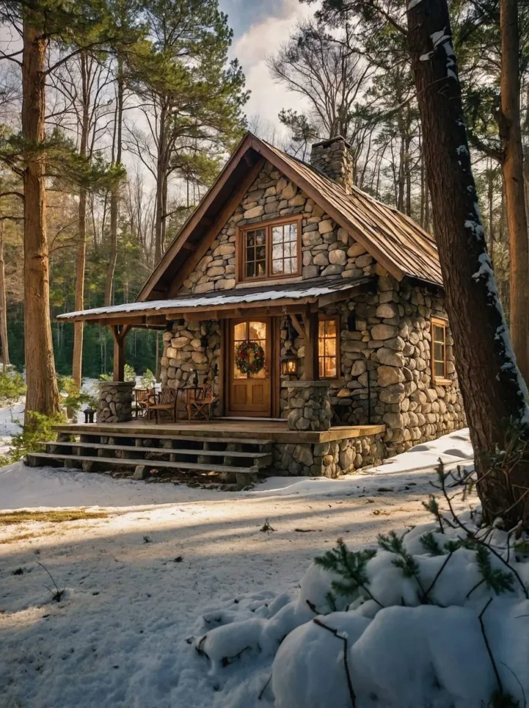 Stone cabin in snowy woods with wooden porch.