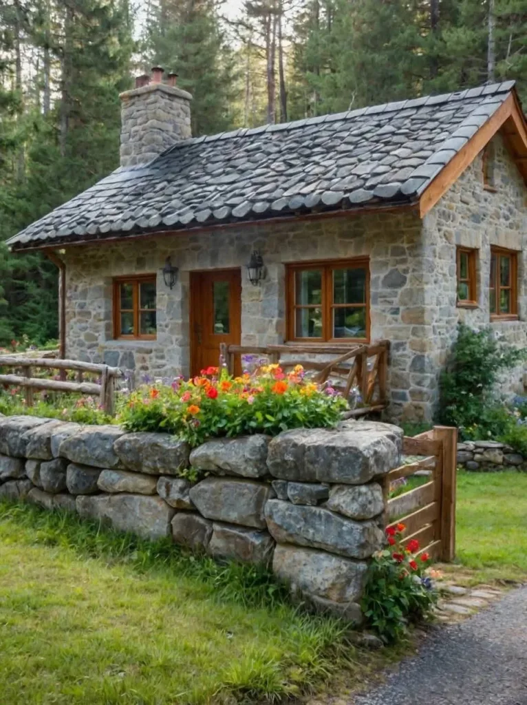 Stone cottage with low stone wall and flower garden.