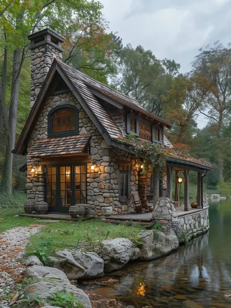 Stone cottage with covered porch on lake.