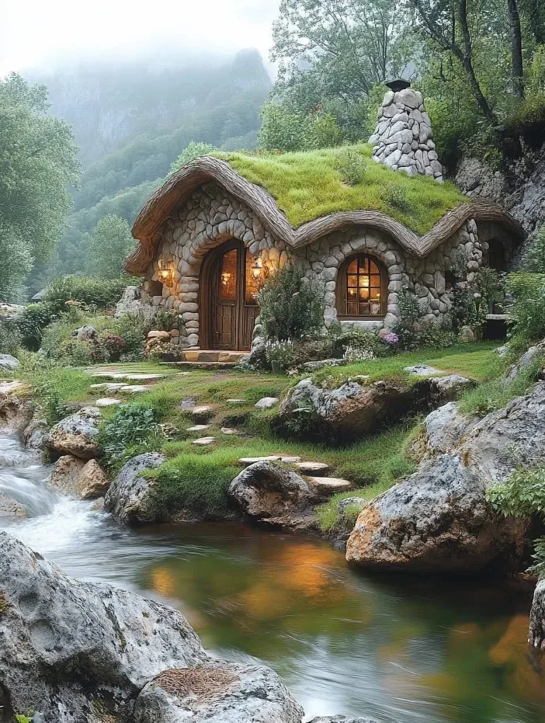 Stone cottage with rounded moss-covered roof by stream.