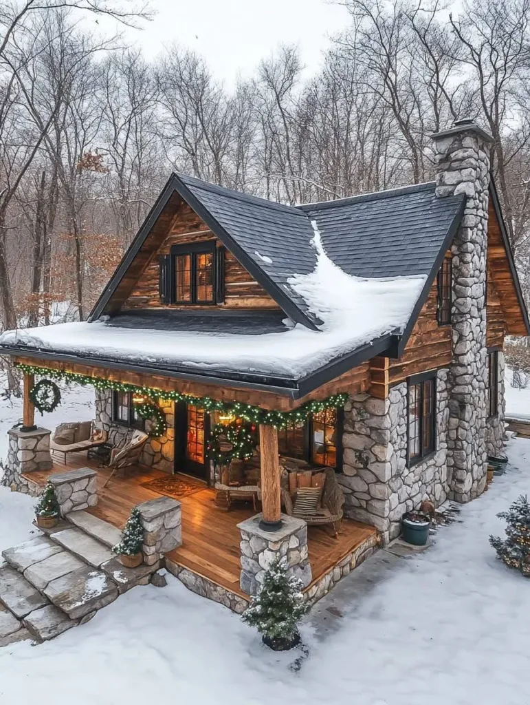 Stone cottage decorated for holidays in snow.