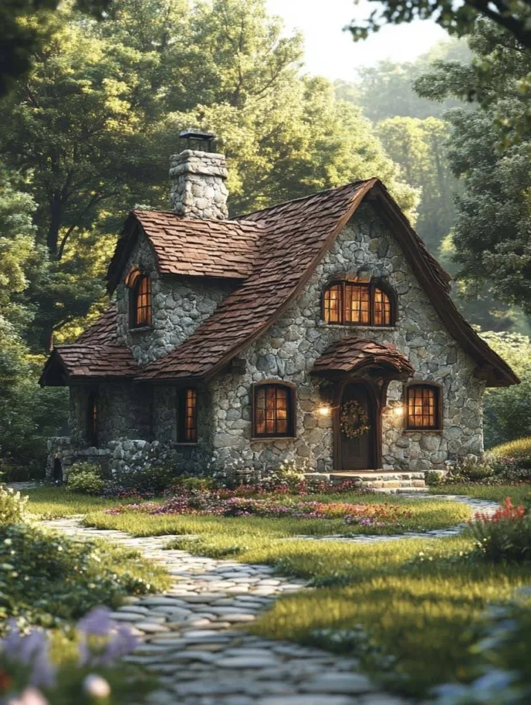 Storybook stone cottage with arched windows and path.