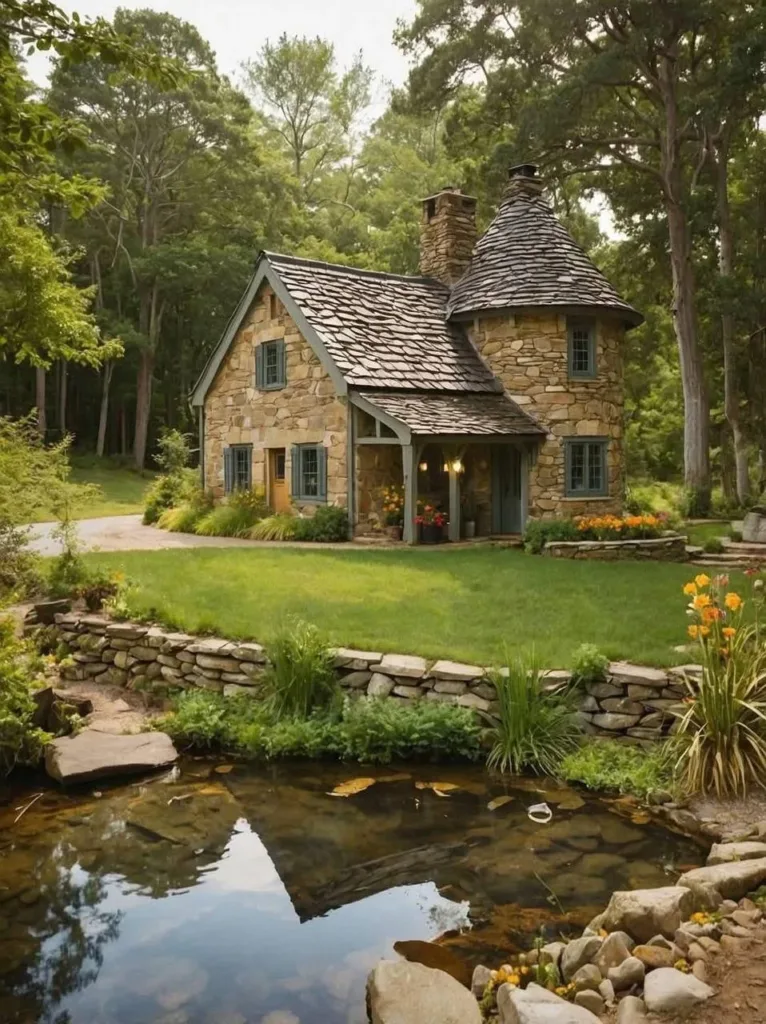 Stone cottage with small turret and pond.