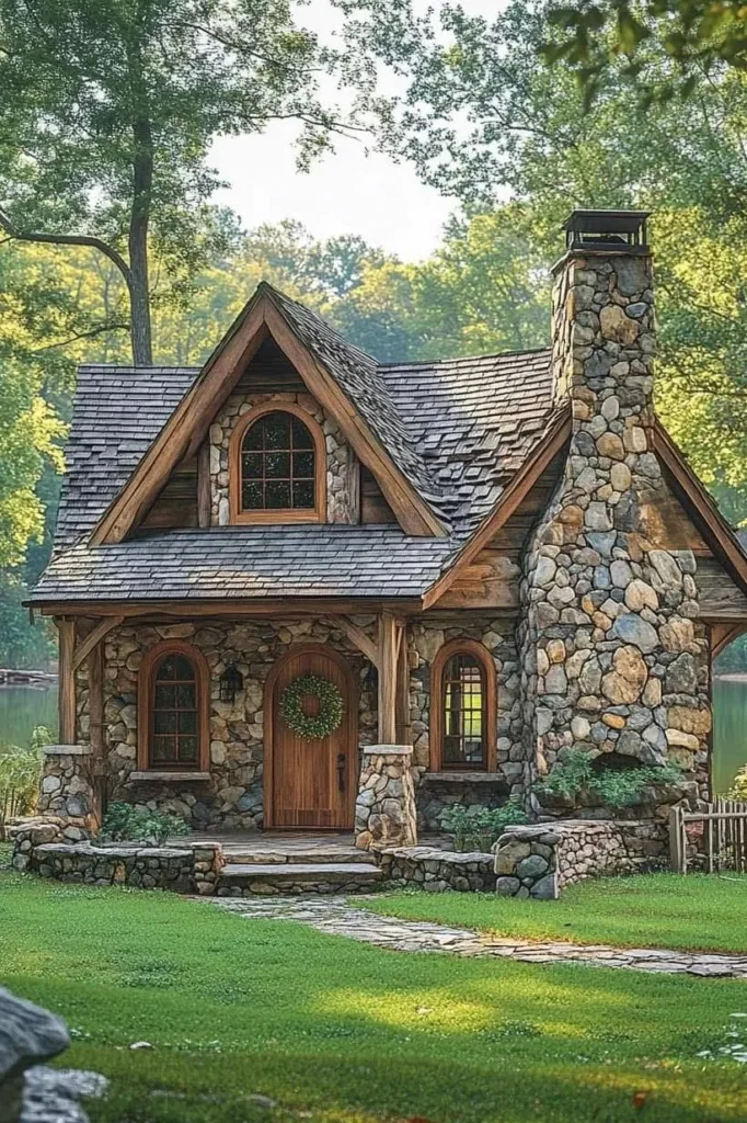 Stone cottage reflected in a pond during autumn.