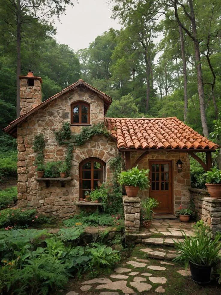 Stone cottage with terracotta tile roof accent.