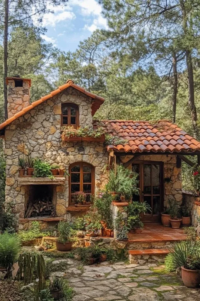 Stone cottage with ivy, terracotta roof, and stone pathways.