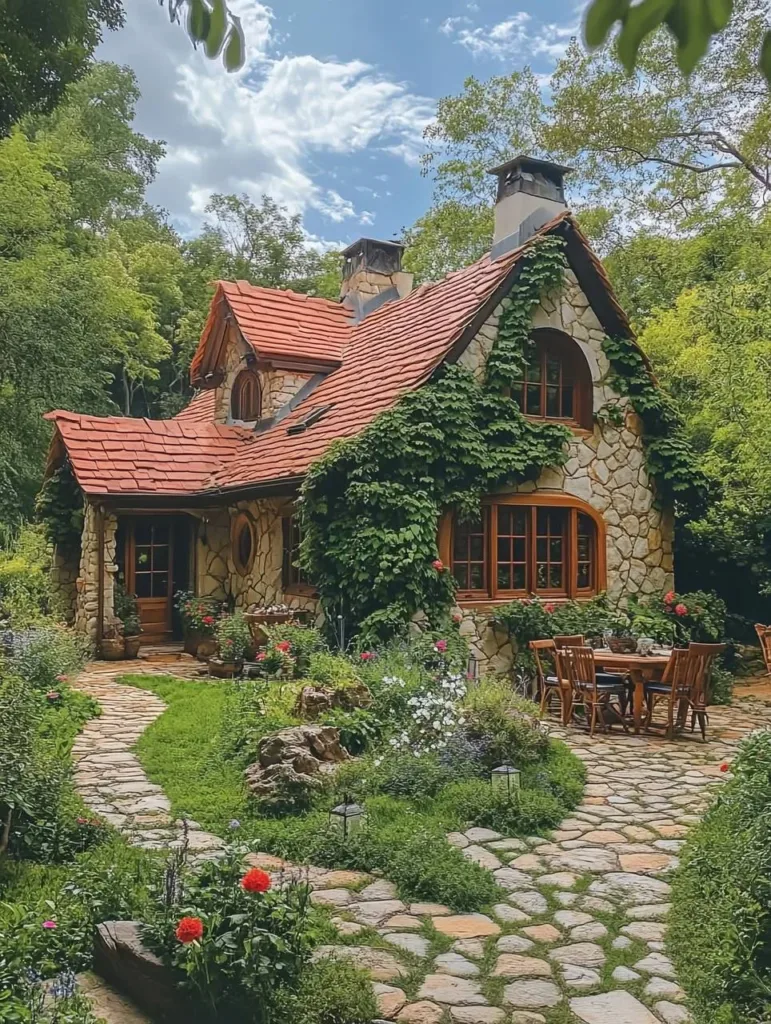 Stone cottage on hillside with terraced gardens.