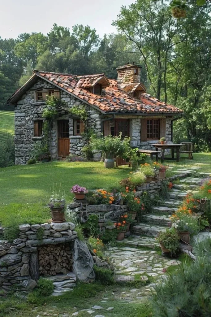 Stone cottage with red metal roof and stone fire pit.