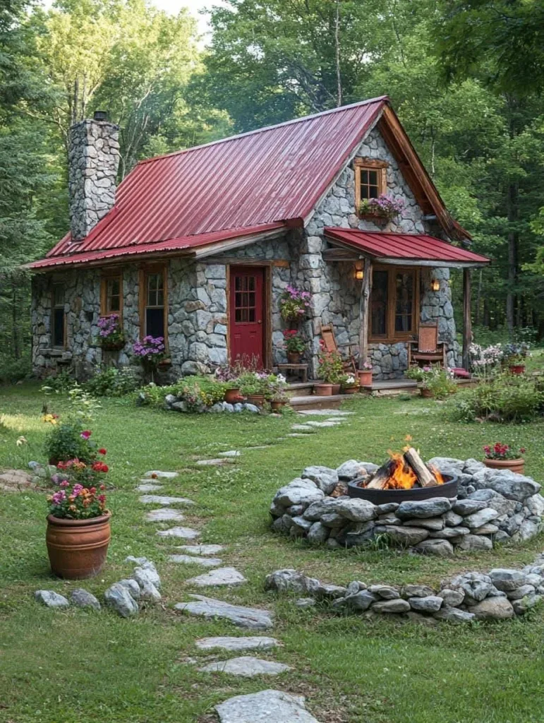 Stone cottage with modern glass doors and stone patio.